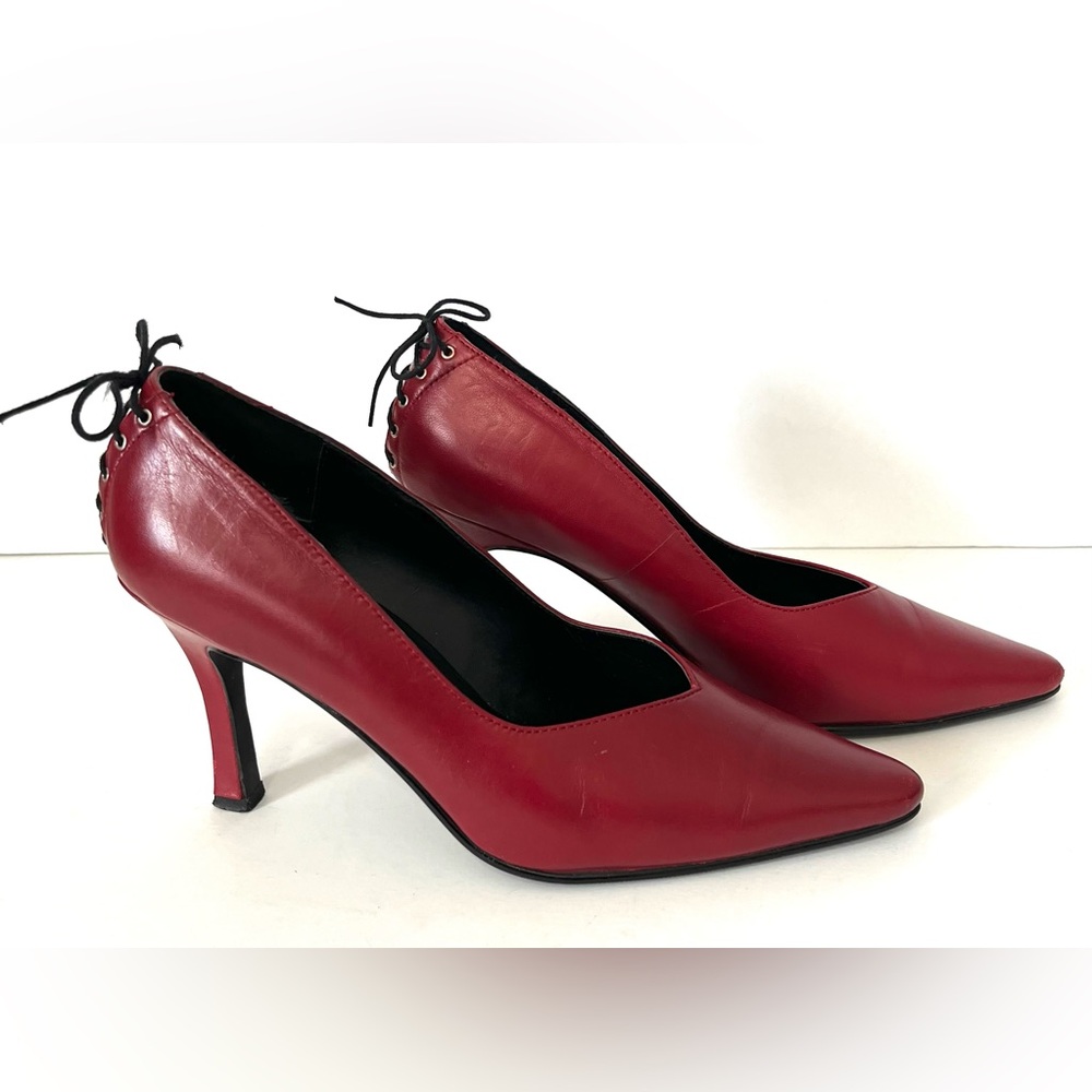 Vintage Karen Scott Red Leather Stiletto Heel Pumps Shoes Corset Tie Back Size 8